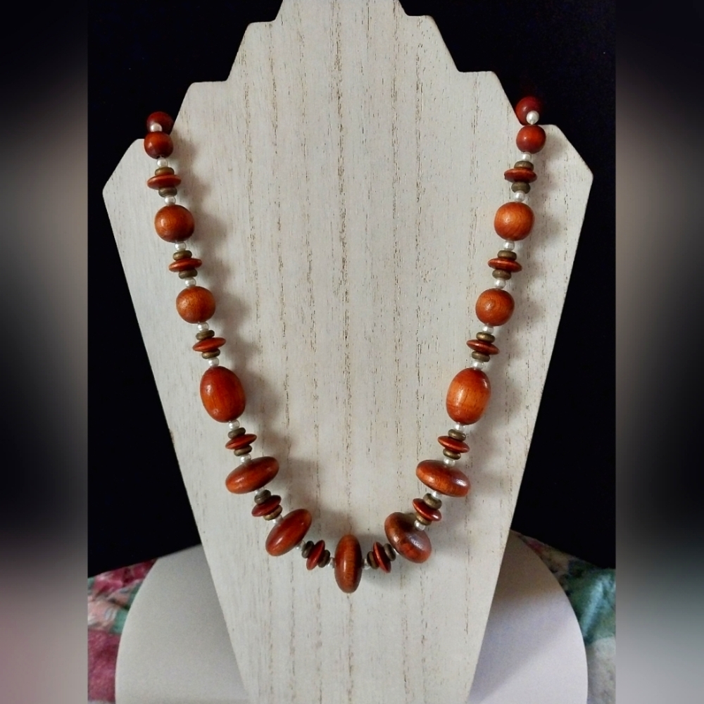 Vtg 70s-80s Chunky Wooden 30 inch Necklace